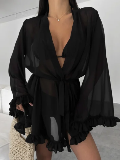 Чорна накидка з шифону на запах з рюшами